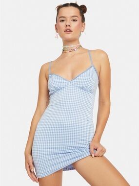 Dolls Kill Blue Blush Spring Forward Blue Gingham Bodycon Mini Dress Size Small